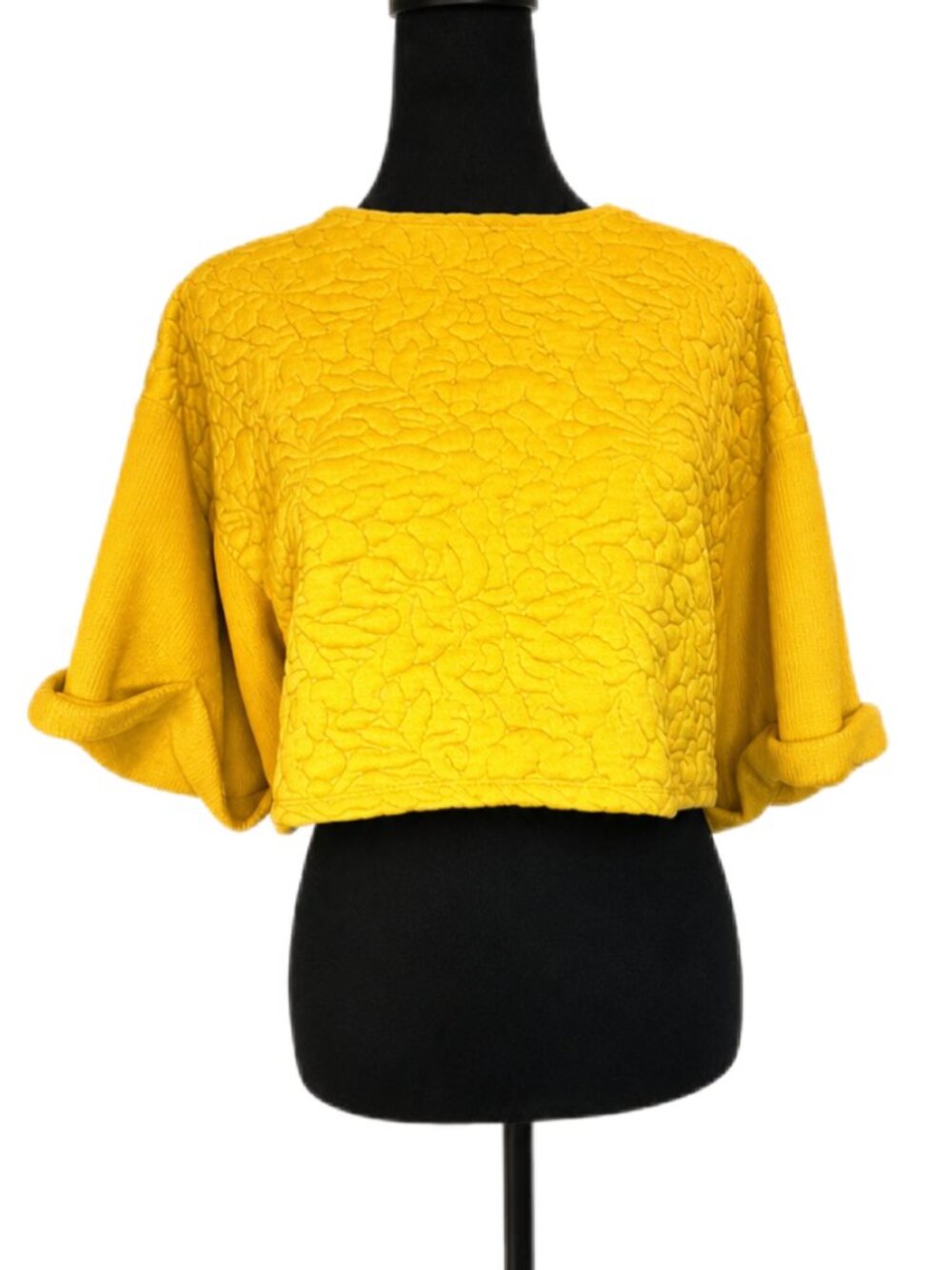 H&M Mustard Yellow Textured Floral Cropped Boxy Cotton Sweater Top Womens S